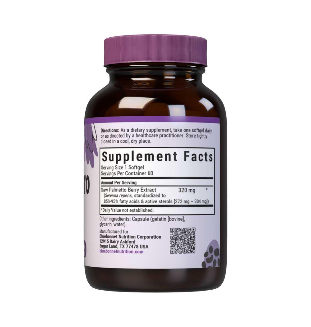 Close-up of the Saw Palmetto Berry Extract softgels and supplement facts