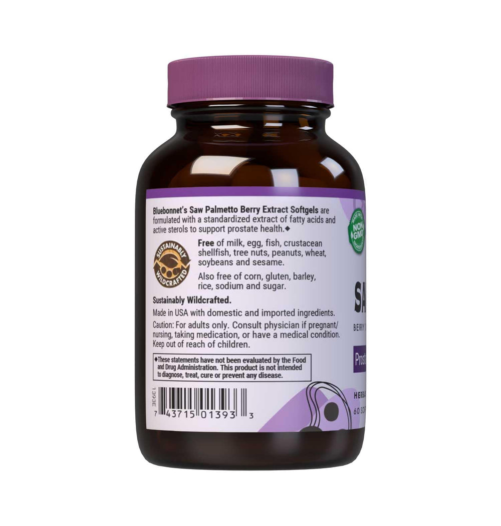 BlueBonnet Saw Palmetto Berry Extract packaging showing Non-GMO, gluten-free, and soy-free labels