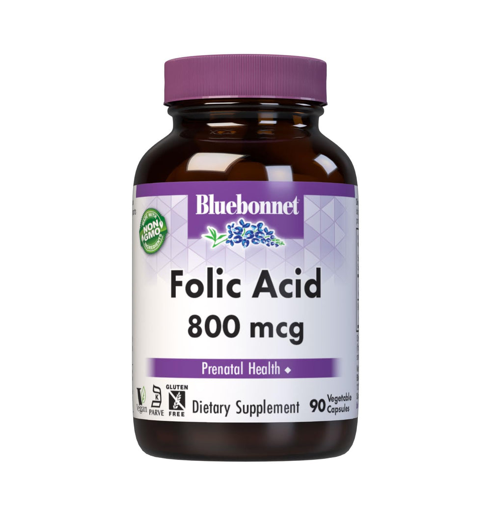 BlueBonnet Nutrition Folic Acid 800 mcg Vegetable Capsules bottle label