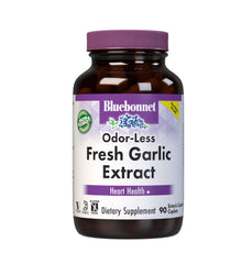 BlueBonnet Standardized Fresh Garlic Extract supplement bottle with 90 odor-free enteric-coated caplets