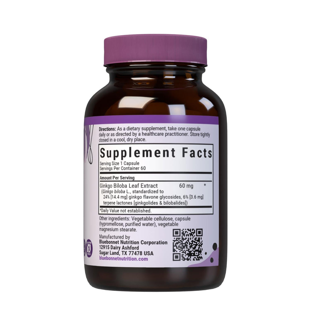Close-up of 60 vegetable capsules for BlueBonnet Ginkgo Biloba supplement