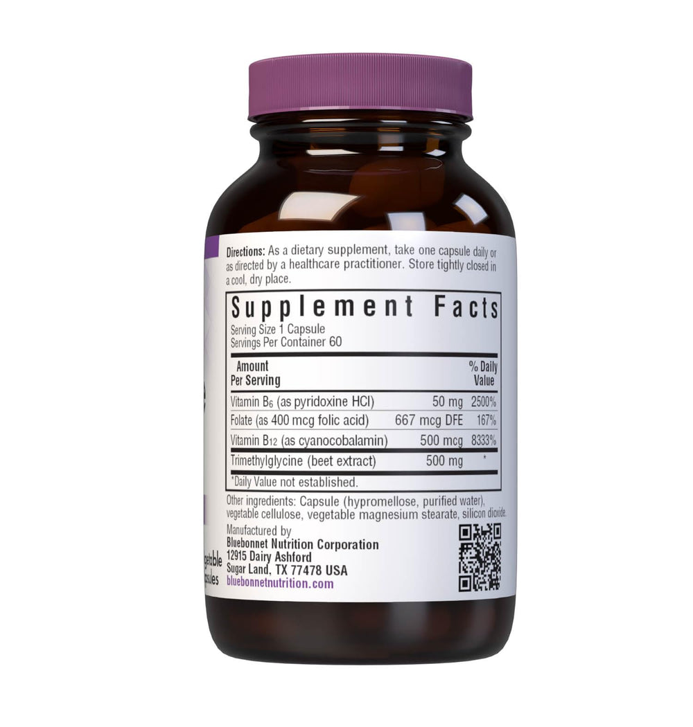 Close-up of key ingredients: Vitamin B6, B12, Folic Acid, and 500 mg Trimethylglycine