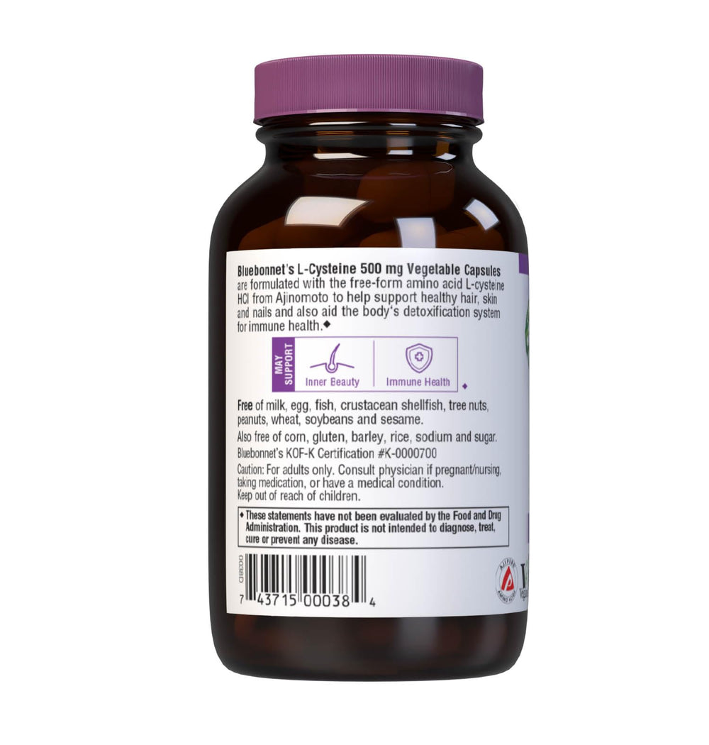 Bluebonnet L-Cysteine product packaging with 60 capsules and vegan/kosher/non-GMO icons