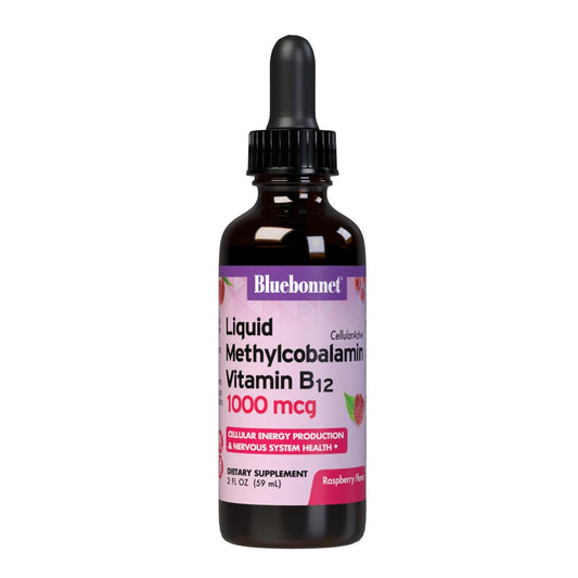 Bluebonnet Nutrition Raspberry Vitamin B12 liquid bottle label – 1000 mcg methylcobalamin