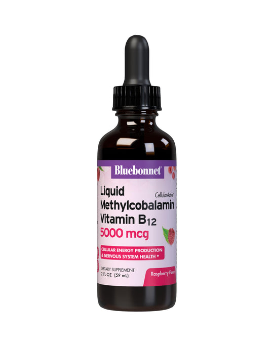Bluebonnet Raspberry-flavored liquid Methylcobalamin B12 bottle, 5000 mcg, 2 oz
