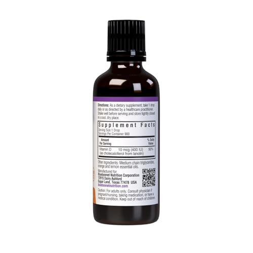 Side view of BlueBonnet Liquid Vitamin D3 Drops 400 IU Citrus bottle
