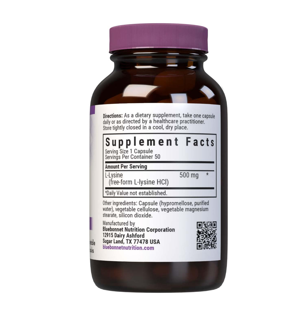 Close-up of Bluebonnet L-Lysine 500 mg capsules
