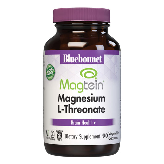 Bluebonnet Magtein Magnesium L-Threonate bottle label highlighting Brain Health