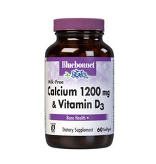 Bluebonnet Milk-Free Calcium bottle label with 1200 mg calcium and D3