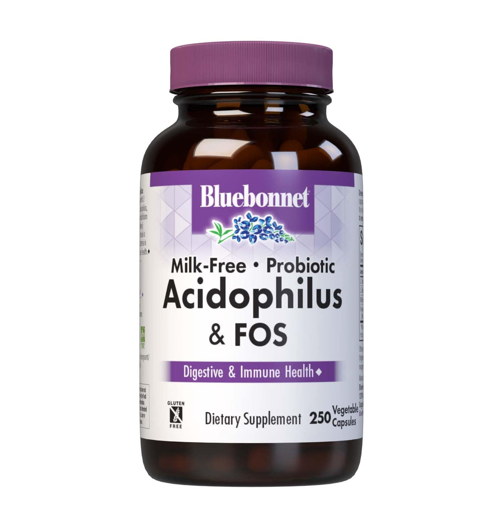 Front bottle label of Bluebonnet Milk-Free Probiotic Acidophilus & FOS