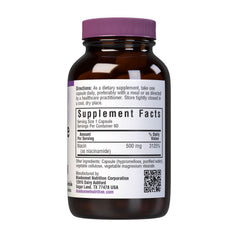 Close-up of Niacinamide 500mg capsules showing non-GMO, kosher certified, dairy-free, soy-free features.