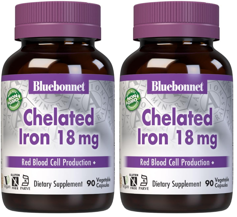 Bluebonnet Nutrition Chelated Iron 18 mg bottle with 90 vegan capsules