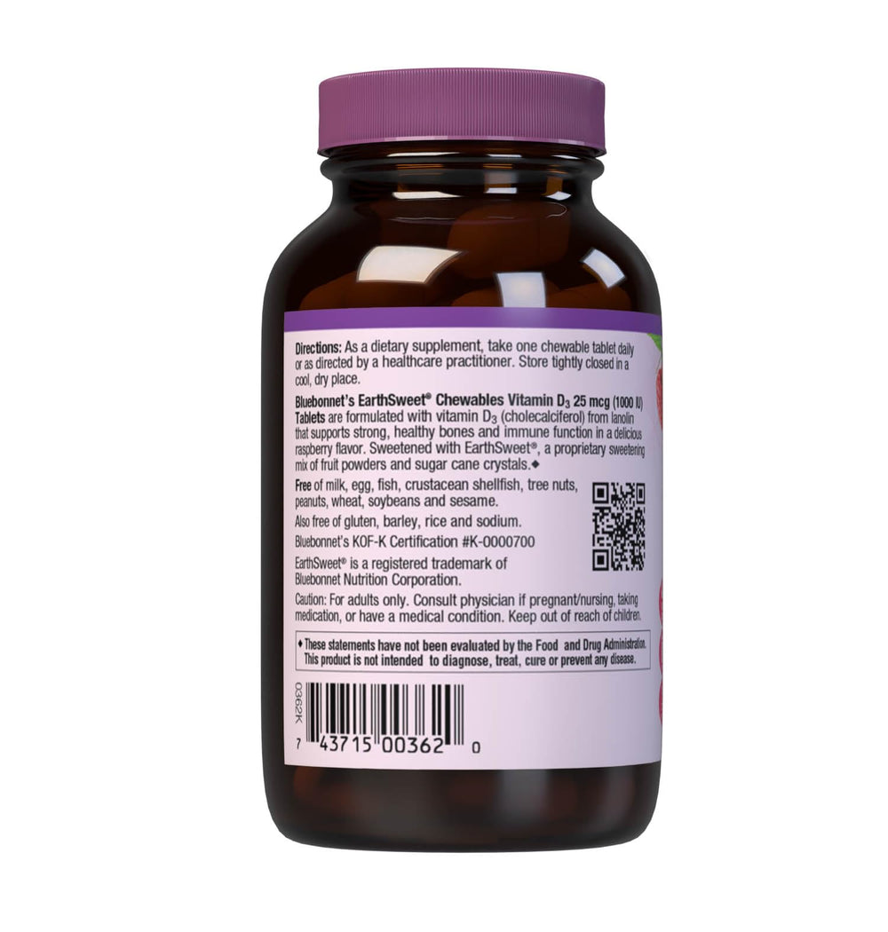 Supplement facts and ingredients for Bluebonnet EarthSweet Vitamin D3 1000IU Raspberry Chewable