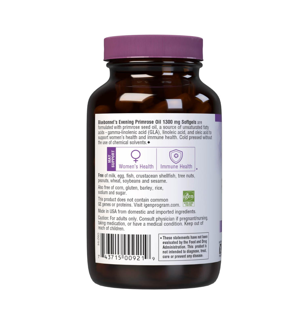 Supplement facts and allergen-free labels on Bluebonnet Evening Primrose Oil