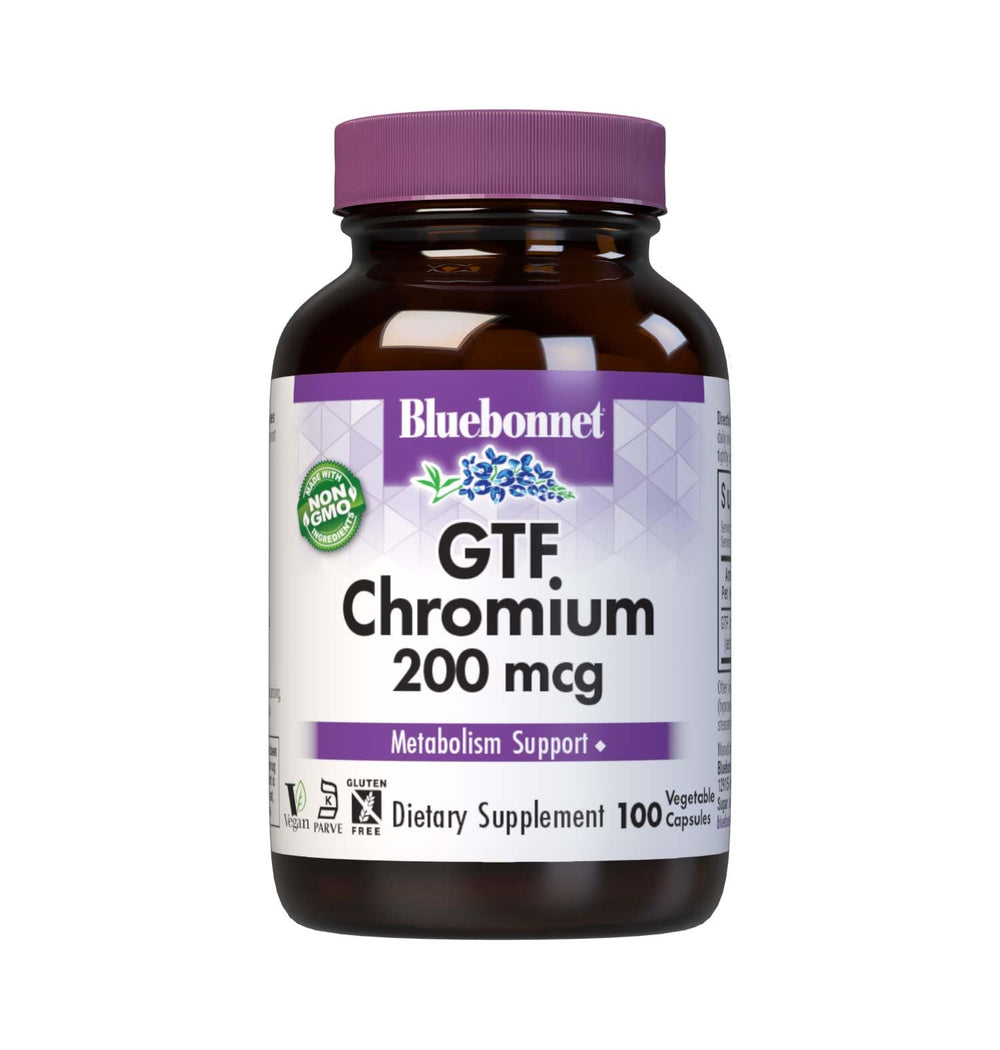 Bluebonnet Nutrition GTF Chromium 200 mcg bottle with 100 vegetable capsules