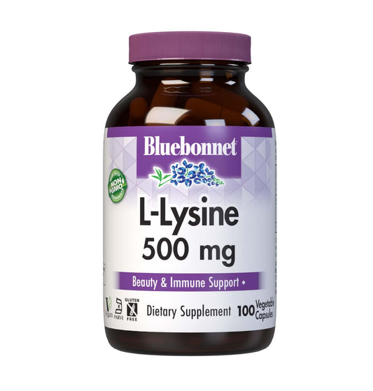 Bluebonnet Nutrition L-Lysine 500mg bottle label and capsules