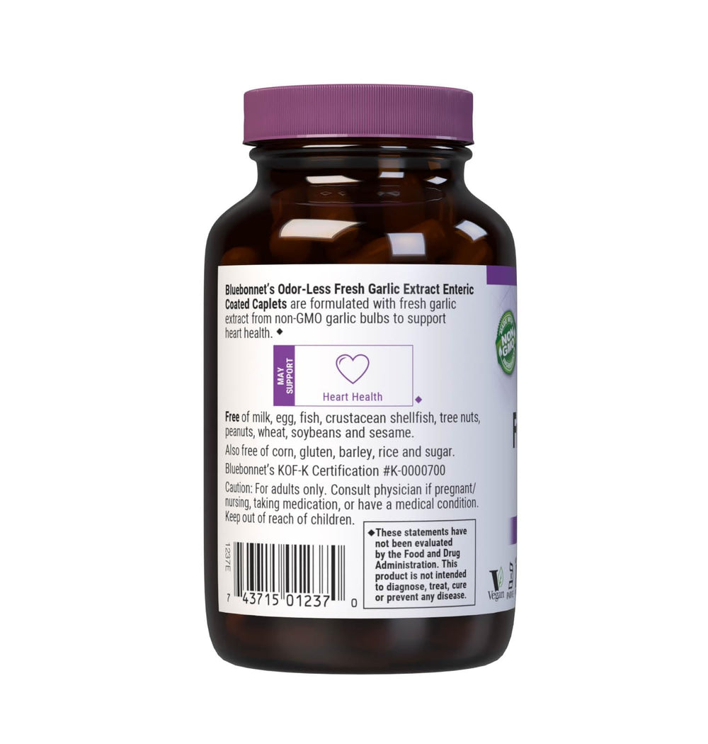 BlueBonnet garlic extract product label showing non-GMO vegan and allergen-free certifications