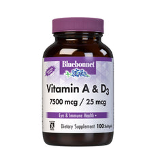 Bluebonnet Nutrition Vitamin A & D3 bottle label showing 25,000 IU / 1,000 IU