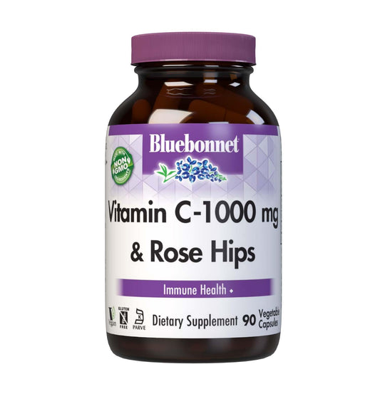 Bluebonnet Vitamin C-1000 mg with Rose Hips bottle label close-up