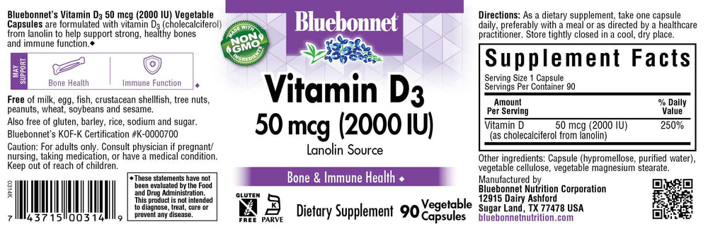 Supplement facts and allergen-free labeling on BlueBonnet Vitamin D3 capsules