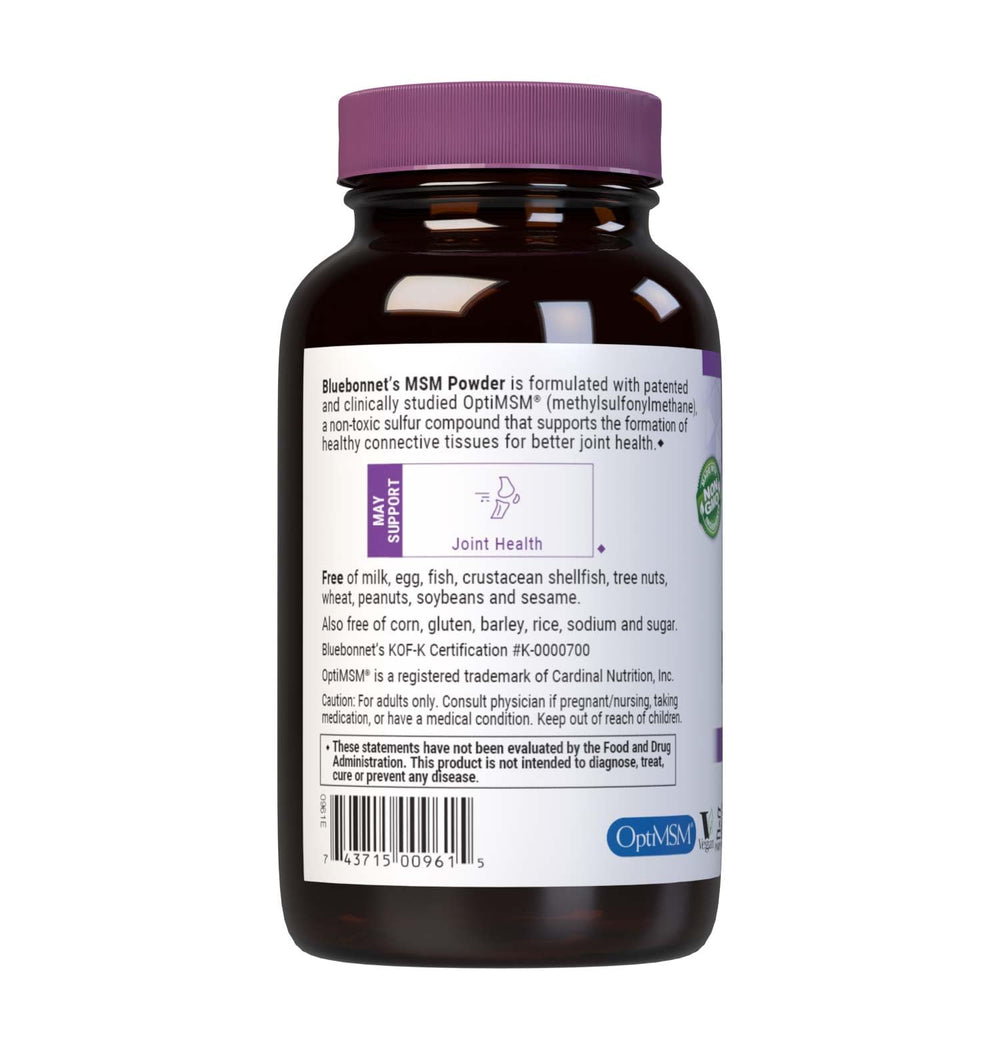 Label showing OptiMSM and allergen information on BlueBonnet MSM Powder