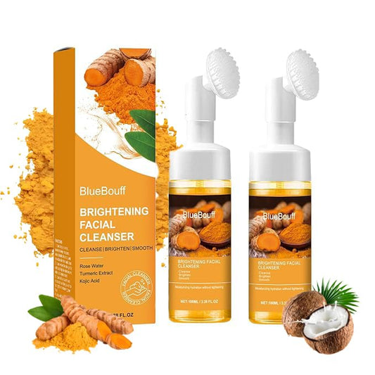 BlueBouff Turmeric Face Wash bottle shown, gentle foaming cleanse for all skin types.