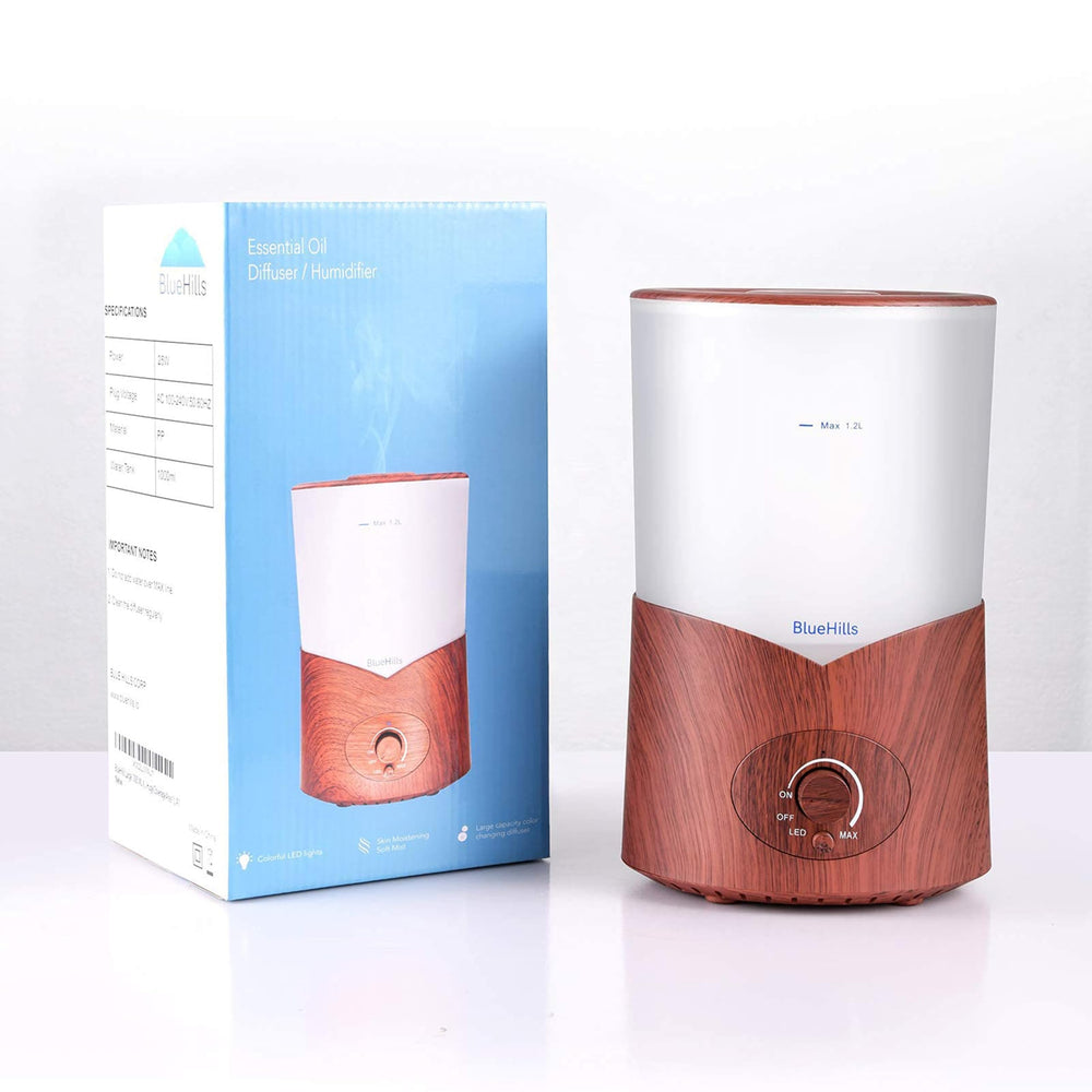 BlueHills diffuser operating in high mist mode in a room
