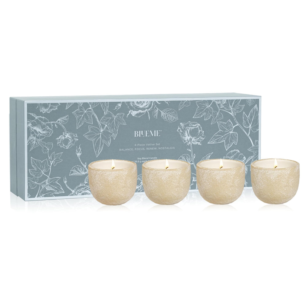Blueme Mother's Day fragrance votive gift set focuses on Balance, Focus, Renew, Nostalgia for relaxing ambience.