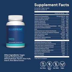 Blueprint Bryan Johnson Essential Capsules bottle back highlighting vegan, non-GMO ingredients and nutrient blend.