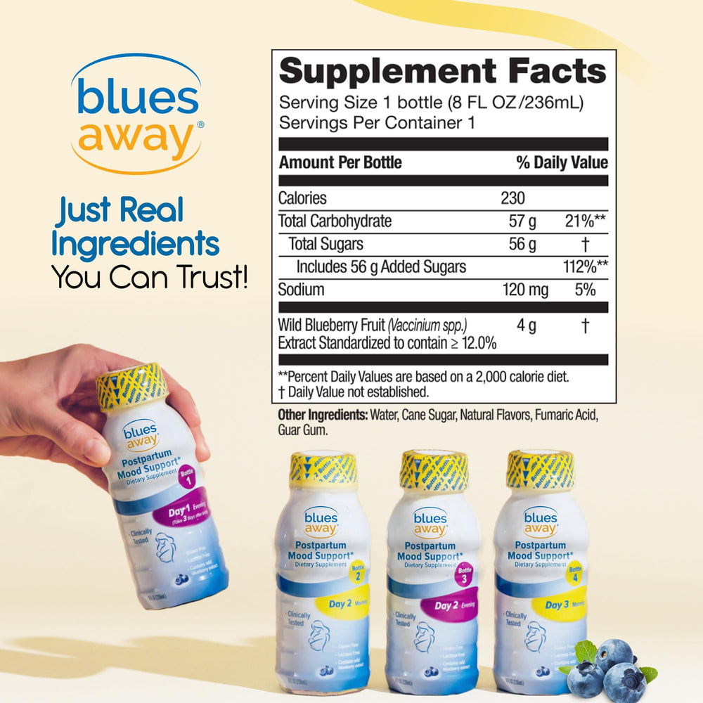 Breastfeeding-friendly Blues Away mood support product graphic