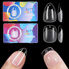BlueZOO short almond nail tips in clear finish for natural look and sturdy wear.