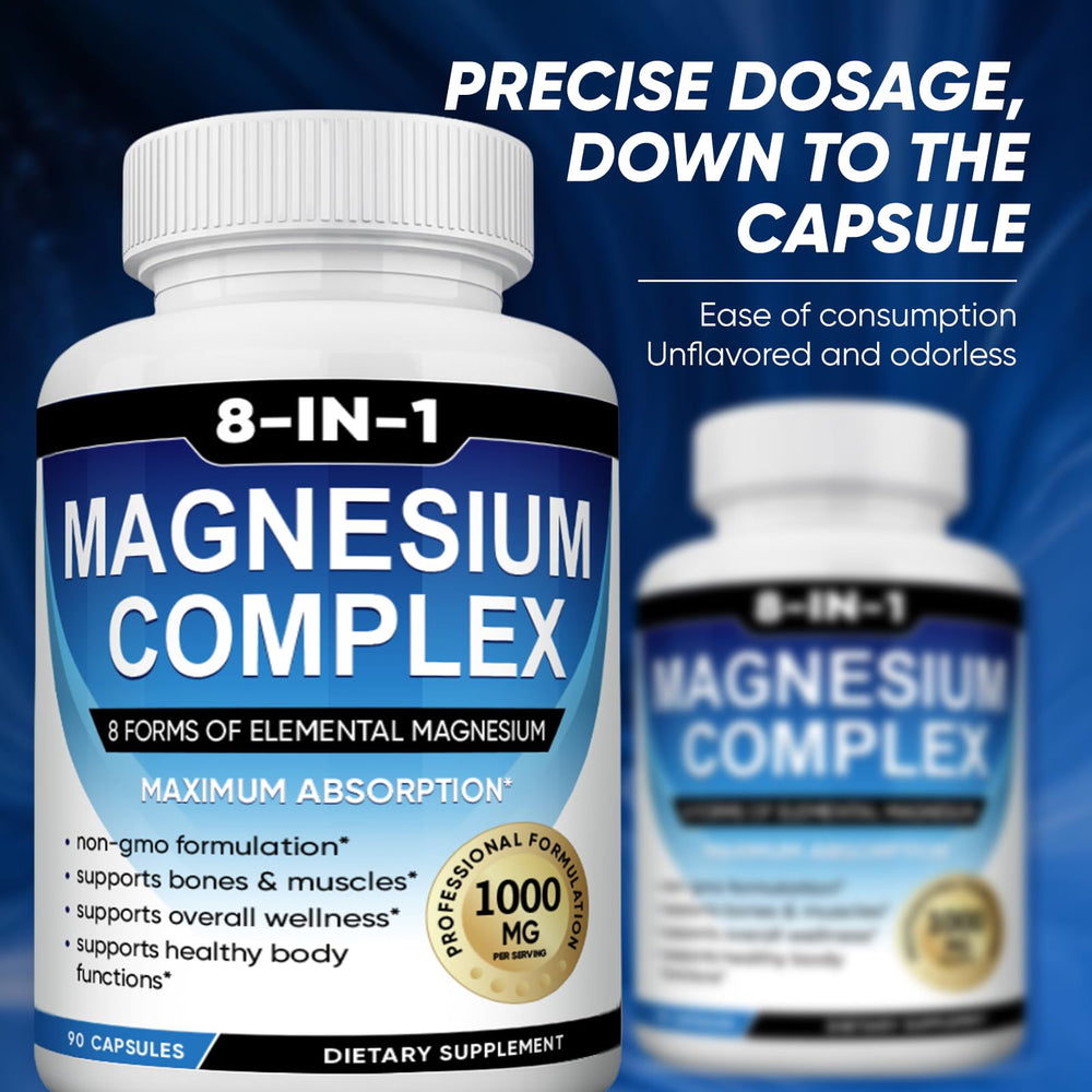 BODUNMSCA Magnesium Complex bottle label highlighted, emphasizing 8 forms for balanced nutrition.