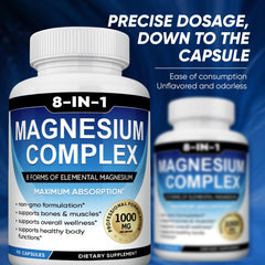 BODUNMSCA Magnesium Complex bottle label highlighted, emphasizing 8 forms for balanced nutrition.