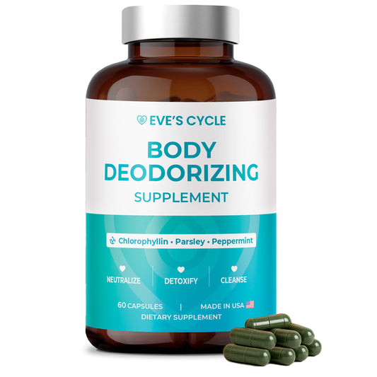 Front view of Body Deodorizing Supplement bottle with Chlorophyllin capsules