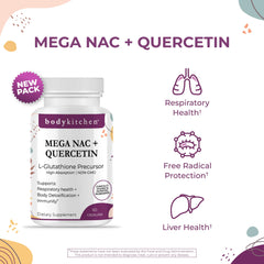 Body Kitchen Mega NAC capsules closeup emphasizes veggie caps for easy daily use.