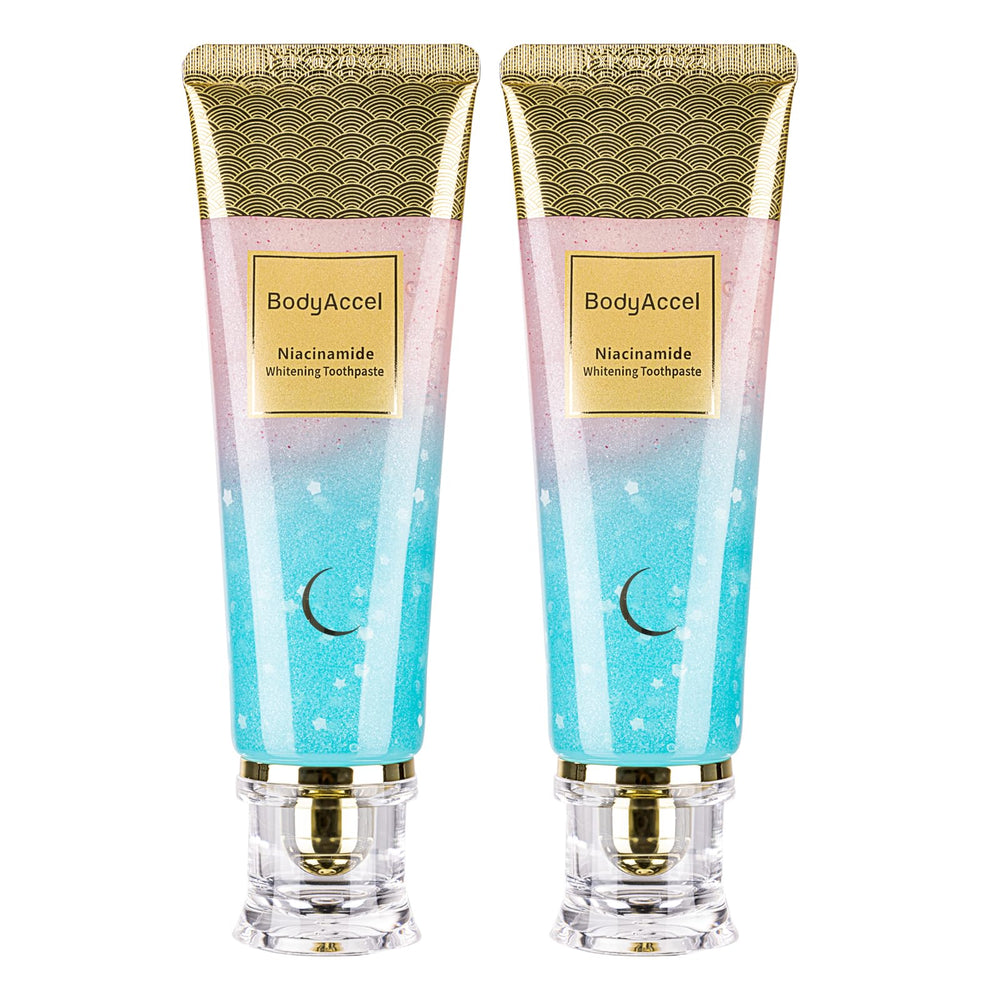 BodyAccel Niacinamide Whitening Toothpaste tube with mint leaves