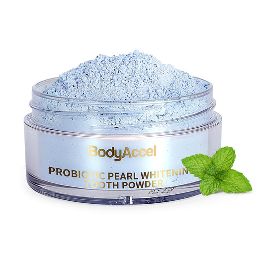 BodyAccel Probiotic Pearl Teeth Whitening Powder packaging on white background