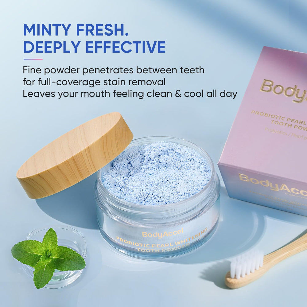 Probiotic whitening powder with mint profile