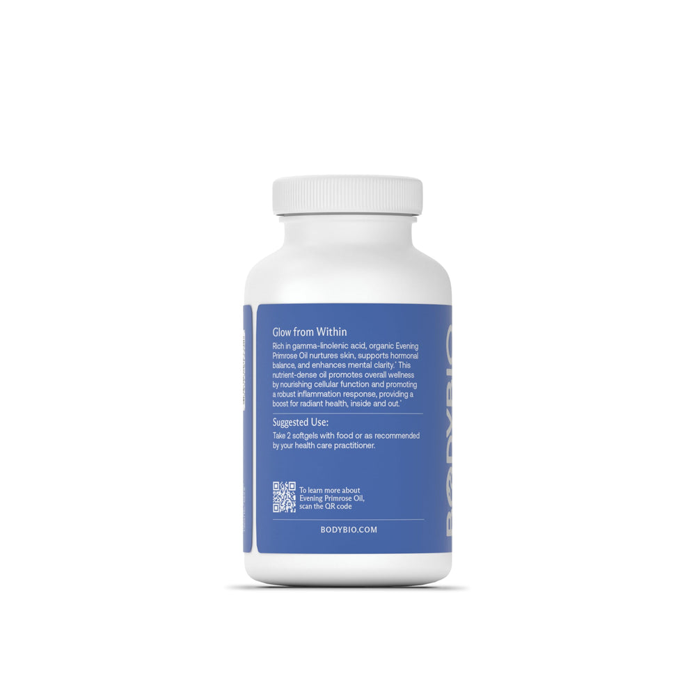 BodyBio Evening Primrose Oil bottle label showing non-GMO and cold-pressed