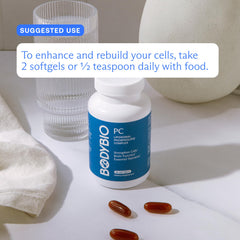 BodyBio PC box and bottle display product packaging for skincare and detox benefits.