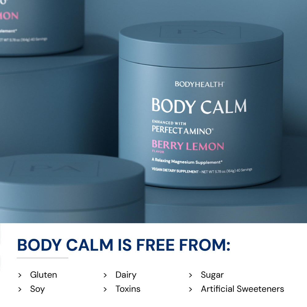 Glass of prepared Body Calm Berry Lemon drink