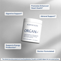 Capsules poured from bottle showing dessicated organ blend