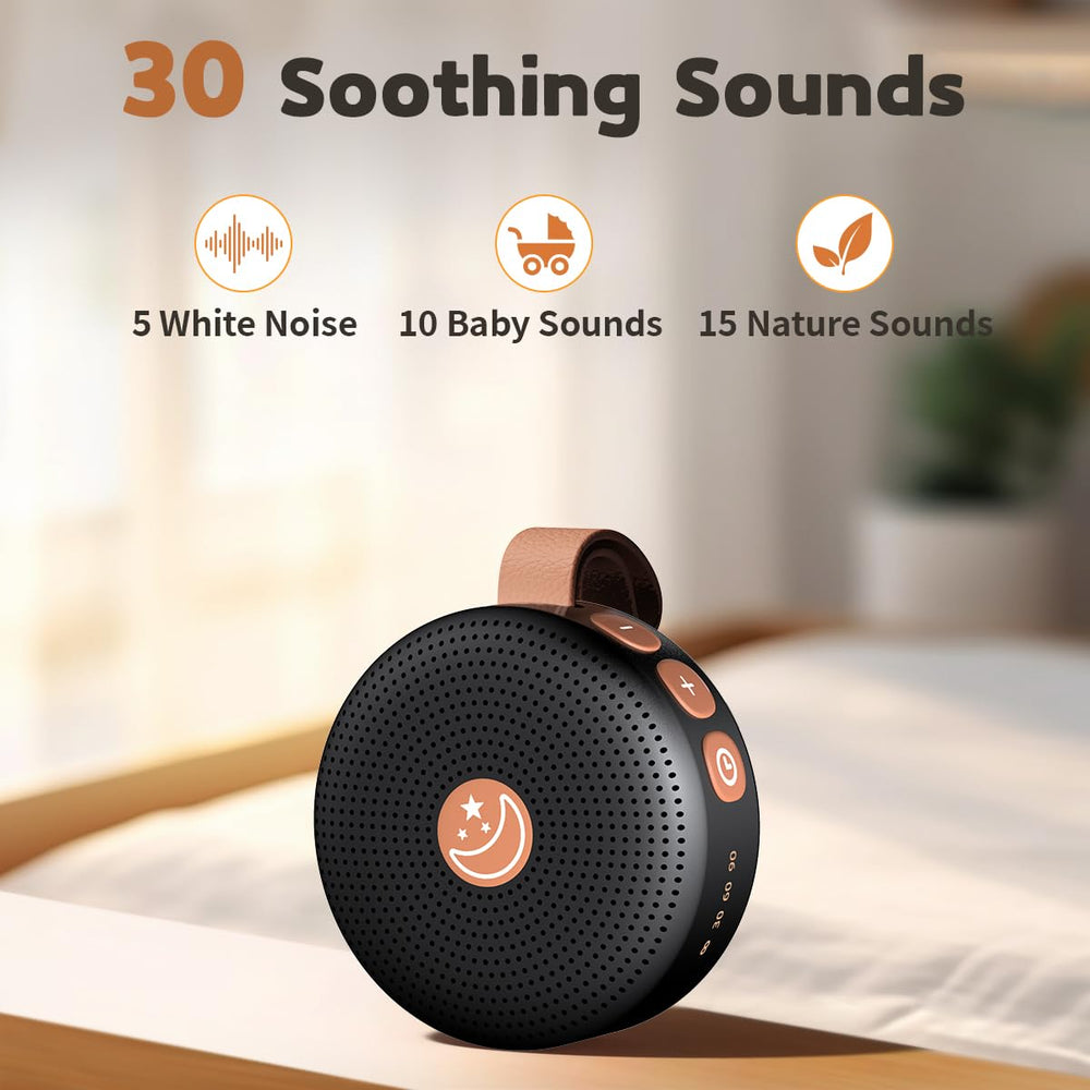 BodyHush mini sound machine displaying 30 soothing sounds for sleep and focus