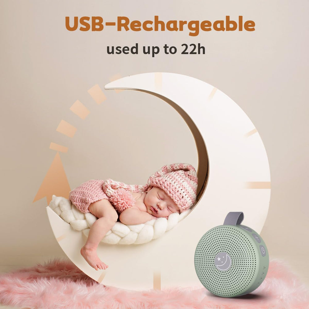 BodyHush mini sound machine rechargeable battery in use for all-day portability.