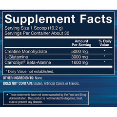 Product label of BODYTECH Creatine + Glutamine with Beta-Alanine 10.8 oz