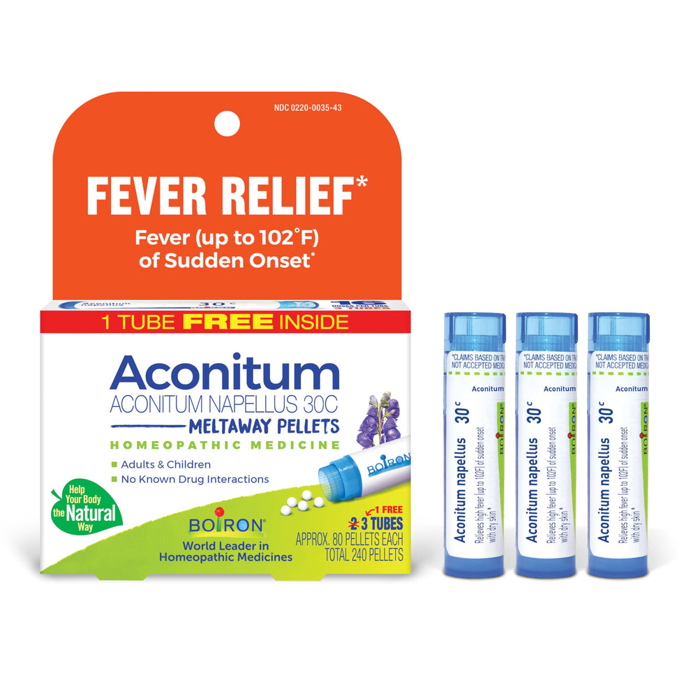 Box front of Boiron Aconitum Napellus 30C fever relief pellets