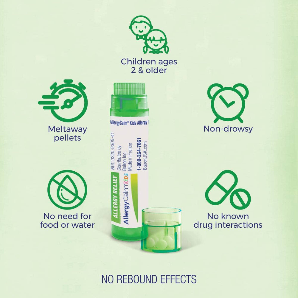 Boiron AllergyCalm Kids pellets closeup highlight a pure formulation.