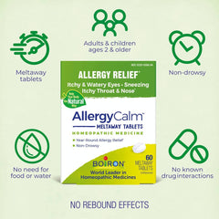 Boiron AllergyCalm packaging showing 120-count bottle.