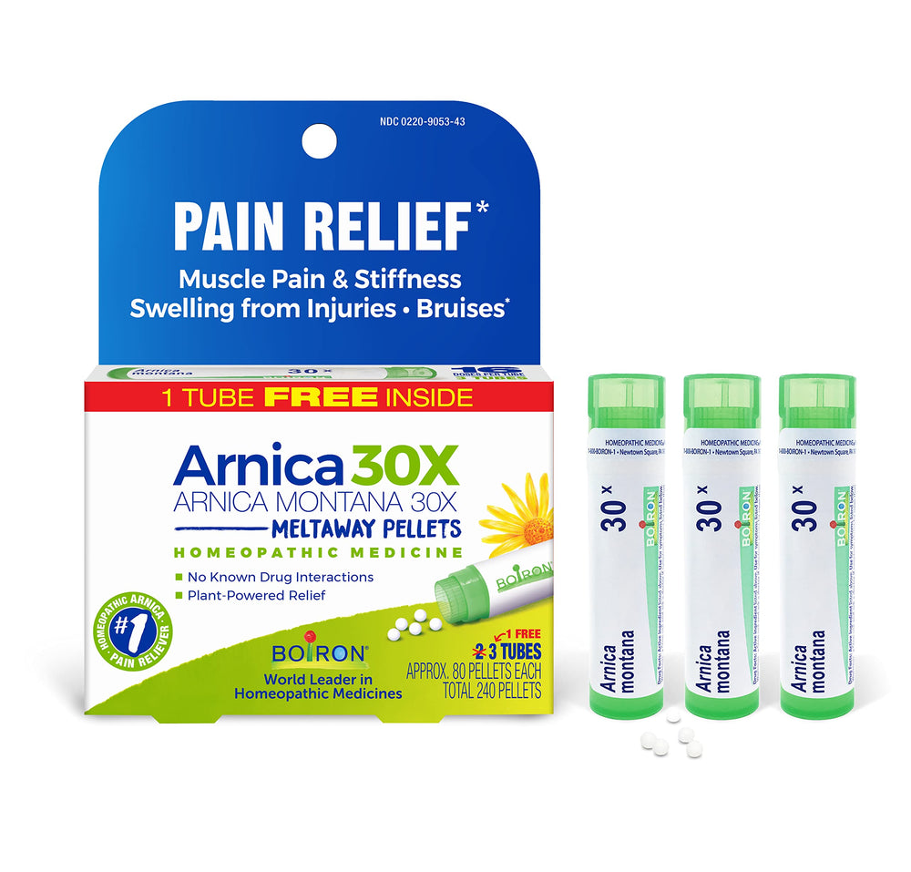 Boiron Arnica Montana 30X bottle pouring for easy-to-use pain relief option