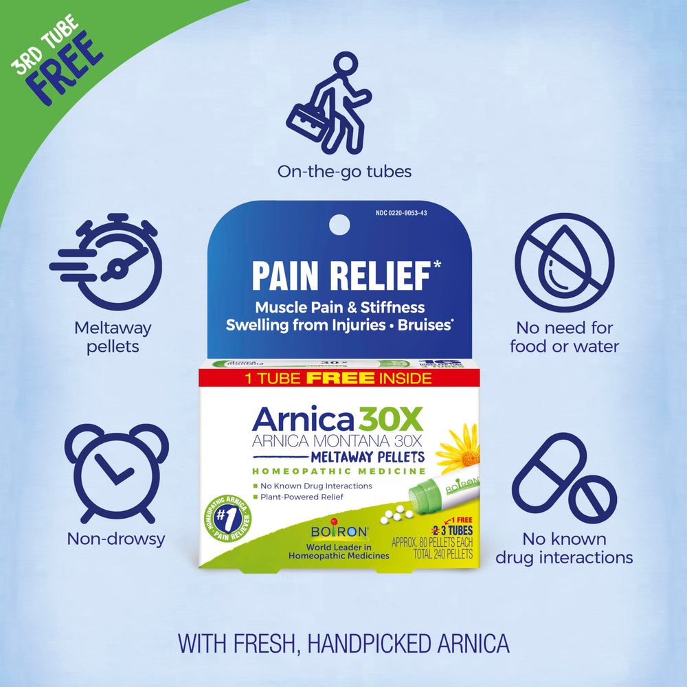 Boiron Arnica Montana 30X packaging highlights plant-based active ingredient